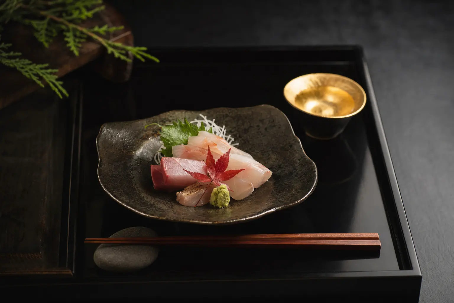 黒漆の折敷に盛られた会席の向付。紅葉をあしらった造り