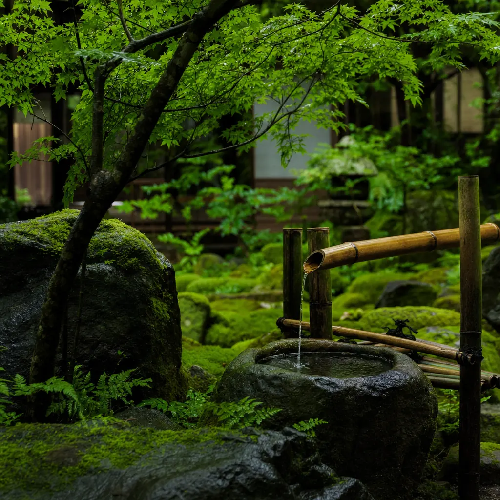 客室「霞」から望む庭。雨上がりの苔と竹の筧